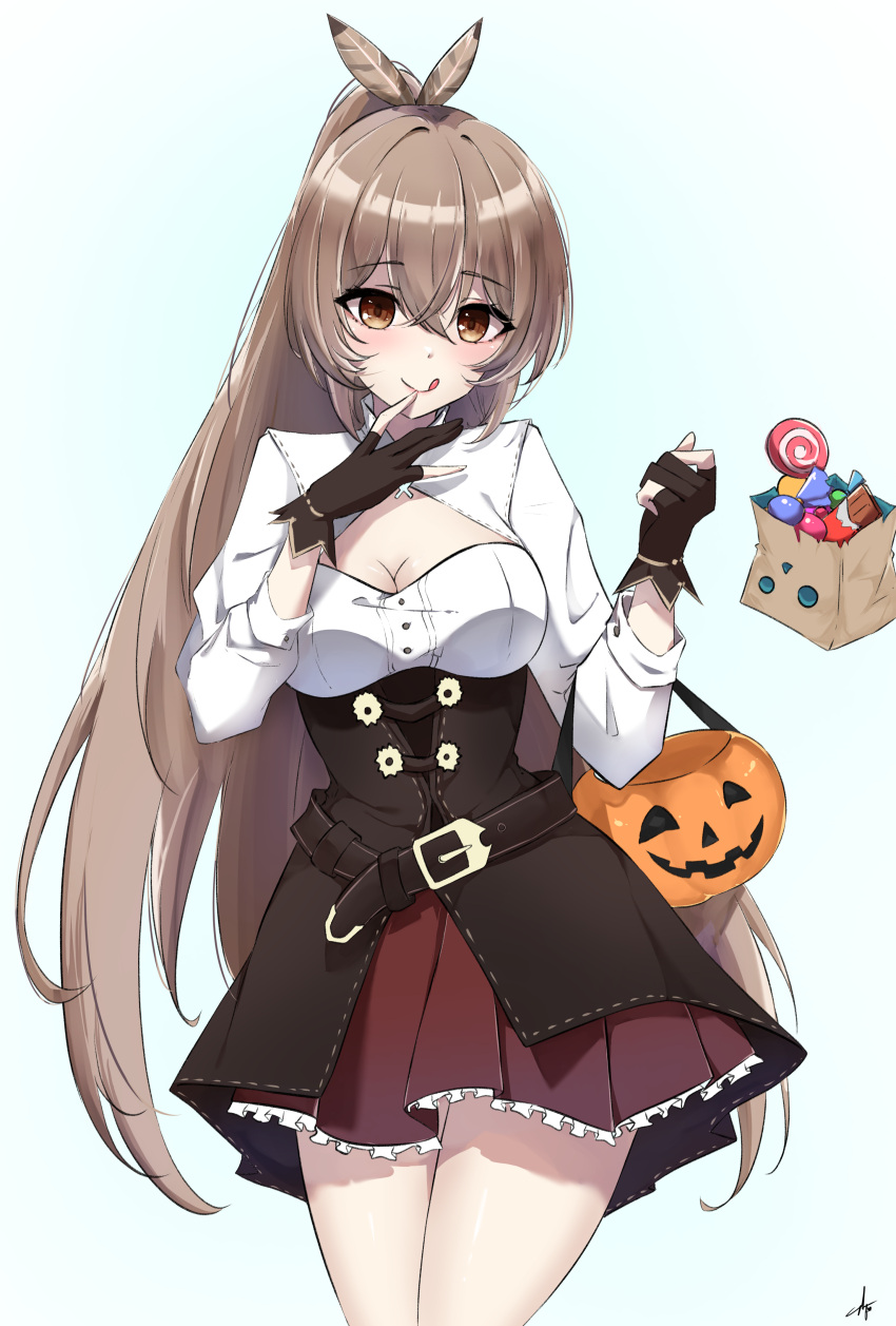 1girl :q absurdres bangs basket belt brown_corset brown_eyes brown_hair candy chocolate chocolate_bar cleavage_cutout clothing_cutout corset feather_hair_ornament feathers food friend_(nanashi_mumei) gloves hair_ornament highres hololive hololive_english jack-o'-lantern licking_lips long_hair nanashi_mumei partially_fingerless_gloves ponytail red_skirt shirt skirt smile sunny721 tongue tongue_out very_long_hair virtual_youtuber white_shirt