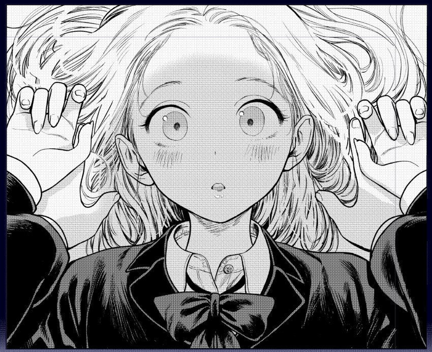 1boy 1girl blazer blush bow bowtie close-up collared_shirt face greyscale haguhagu_(rinjuu_circus) highres jacket long_hair long_sleeves looking_at_viewer lying monochrome on_back original parted_lips pov sasha_(haguhagu) shirt solo_focus symbol-only_commentary upper_body wide-eyed