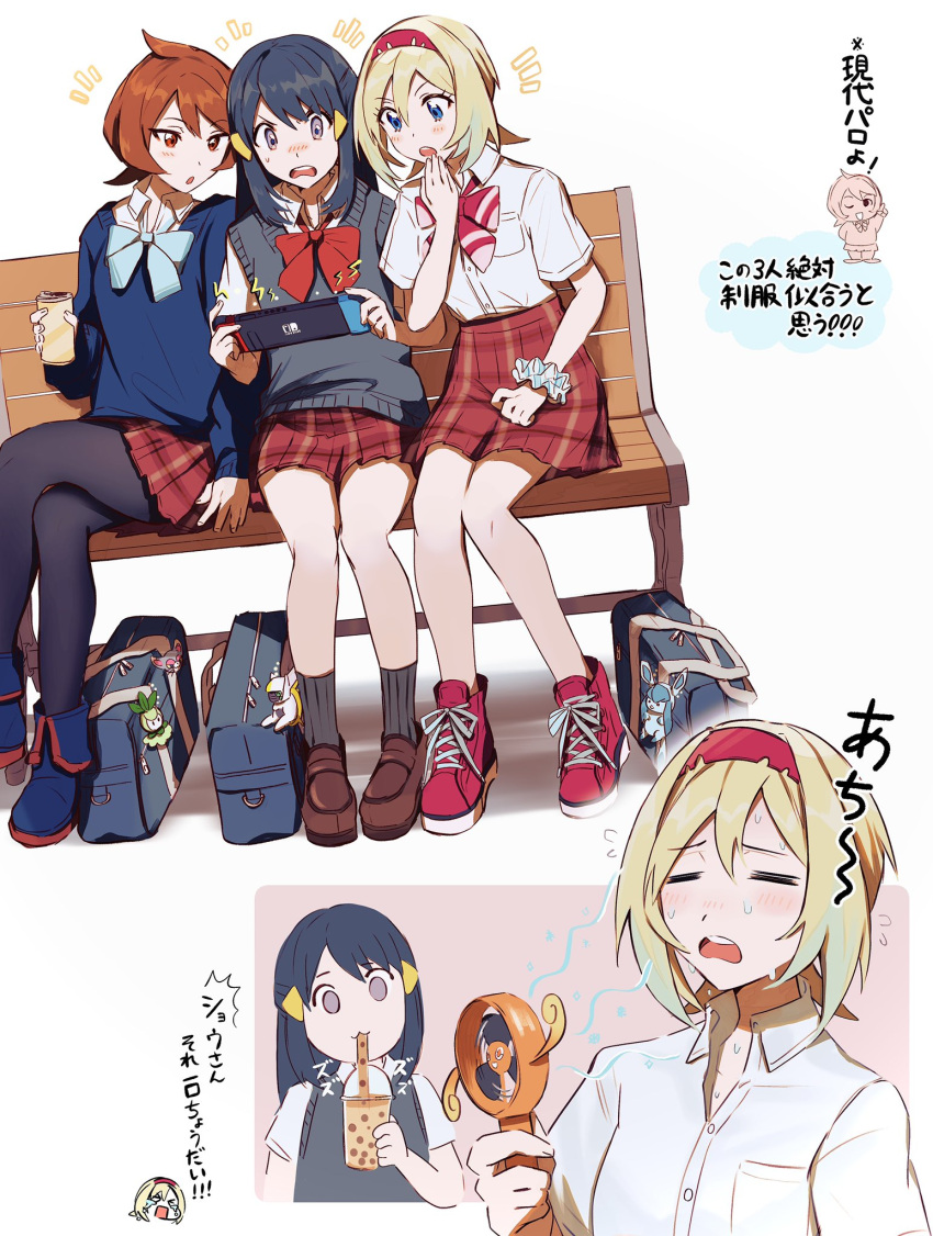 3girls arezu_(pokemon) bangs bench black_hair blonde_hair blue_eyes blue_footwear blue_sweater blush boots brown_footwear brown_hair bubble_tea collared_shirt commentary_request contemporary cowlick cup drinking eyelashes grey_eyes hair_ornament hairband hairclip hamachamu hand_up handheld_game_console highres hikari_(pokemon) holding holding_cup holding_handheld_game_console irida_(pokemon) long_hair multiple_girls nintendo_switch notice_lines open_mouth pantyhose pokemon pokemon_(game) pokemon_legends:_arceus red_footwear red_hairband ribbed_legwear rotom rotom_(fan) scrunchie shirt shoes short_hair short_sleeves sidelocks sitting skirt sneakers socks sweater sweater_vest translation_request white_shirt wrist_scrunchie