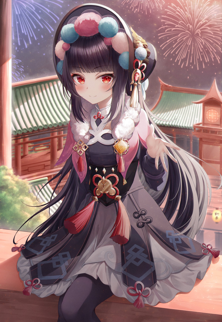 1girl absurdres architecture black_hair blush bonnet breasts brooch building dress east_asian_architecture fireworks frills genshin_impact highres hime_cut ichizon jewelry lantern long_hair looking_at_viewer medallion night night_sky outstretched_hand pantyhose patterned_clothing red_eyes ribbon ribbon_trim shawl sitting sky small_breasts tassel tree vision_(genshin_impact) yun_jin_(genshin_impact)