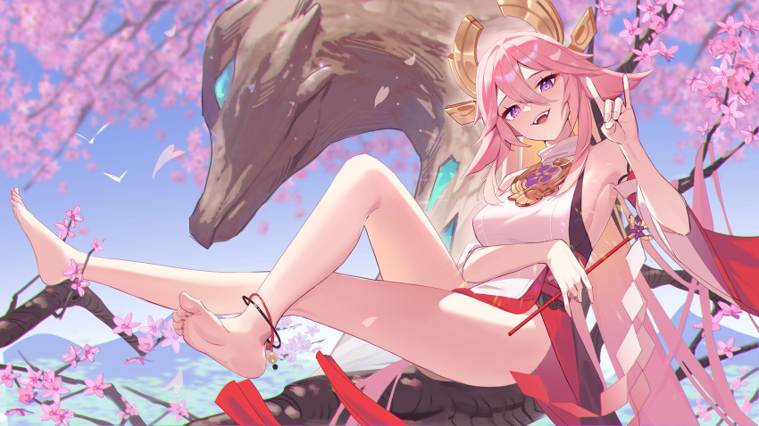 1girl animal_ears barefoot breasts cherry_blossoms commentary_request detached_sleeves fox_ears fox_shadow_puppet full_body genshin_impact hair_between_eyes hair_ornament highres japanese_clothes legs long_hair looking_at_viewer medium_breasts miko mio-muo1206 open_mouth petals pink_hair priestess sitting smile soles solo teeth thighs toes upper_teeth very_long_hair violet_eyes yae_miko