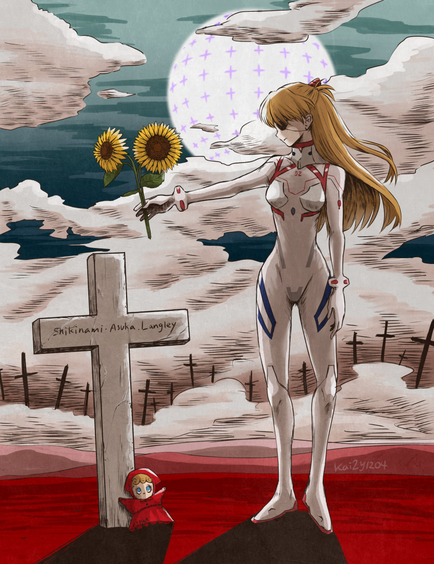 1girl absurdres arm_at_side bodysuit brown_hair character_name cross doll evangelion:_3.0+1.0_thrice_upon_a_time eyepatch facing_to_the_side flower full_moon highres holding holding_flower interface_headset long_hair menrui_(myousin) moon neon_genesis_evangelion plugsuit rebuild_of_evangelion skin_tight solo souryuu_asuka_langley stuffed_toy sunflower