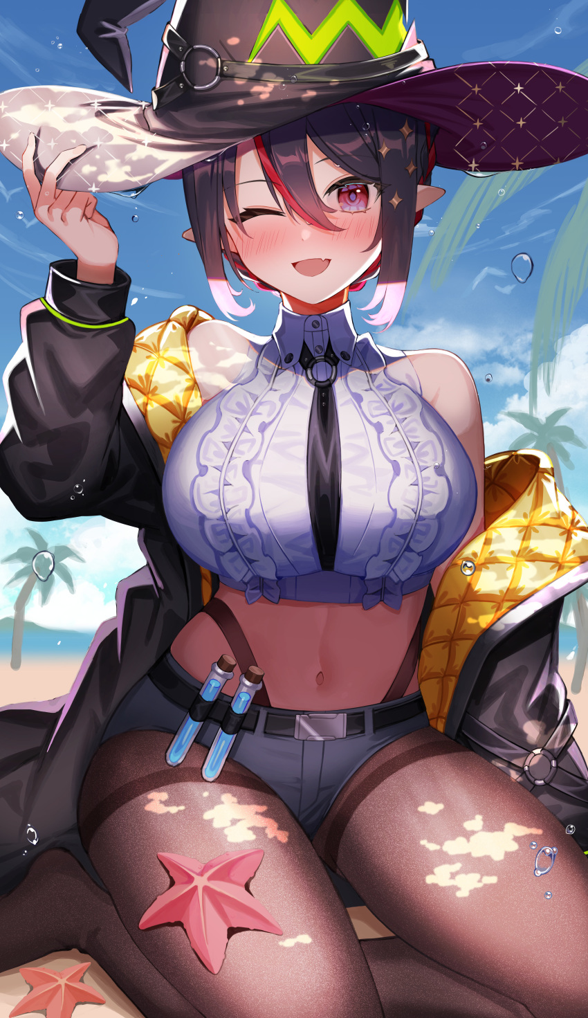 1girl ;d absurdres amahara_subaru arm_up bangs beach black_hair black_headwear black_jacket blush breasts brown_legwear collared_shirt commentary_request day frilled_shirt frills grey_shorts hair_between_eyes hat highleg highres indie_virtual_youtuber isonade_orca jacket large_breasts long_sleeves looking_at_viewer micro_shorts midriff multicolored_hair navel one_eye_closed open_clothes open_jacket outdoors pantyhose pointy_ears red_eyes redhead shirt short_hair shorts sitting sleeveless sleeveless_shirt smile solo starfish streaked_hair test_tube thighband_pantyhose virtual_youtuber white_shirt witch_hat