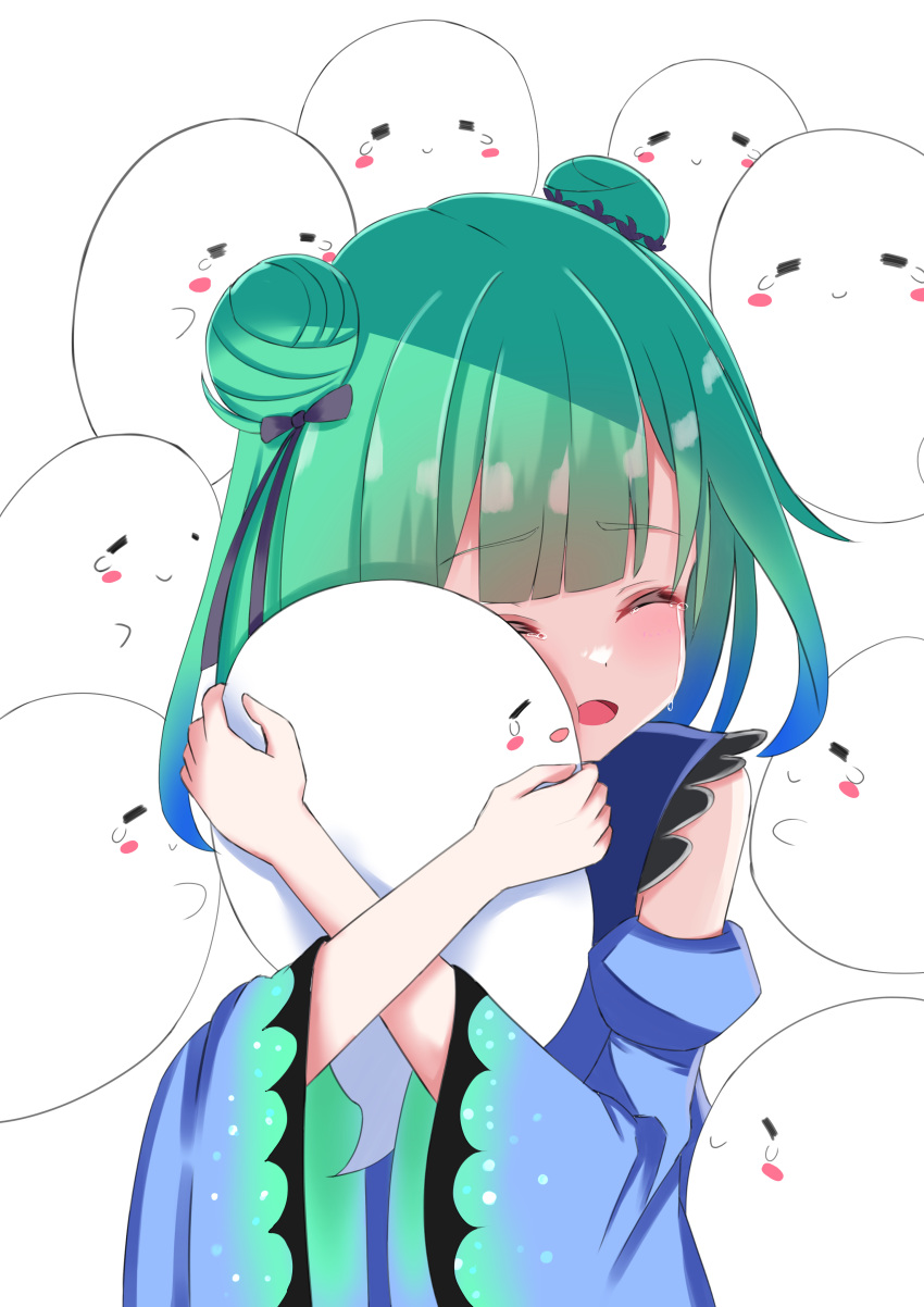 1girl absurdres bangs black_ribbon blue_dress blue_hair blunt_bangs blush_stickers closed_eyes crying detached_sleeves double_bun dress eyebrows_visible_through_hair fandead_(uruha_rushia) gradient_hair green_hair hair_ribbon highres hololive hug kamishiro_may long_sleeves multicolored_hair open_mouth ribbon simple_background smile tears uruha_rushia virtual_youtuber white_background wide_sleeves