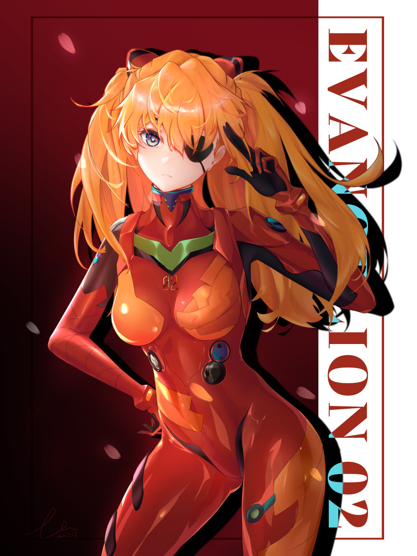1girl absurdres ass_visible_through_thighs blue_eyes bodysuit breasts contrapposto english_text eyepatch frown hand_on_hip highres interface_headset liu_liaoliao looking_at_viewer medium_breasts neon_genesis_evangelion orange_hair petals plugsuit rebuild_of_evangelion red_background red_bodysuit salute solo souryuu_asuka_langley thighs two_side_up