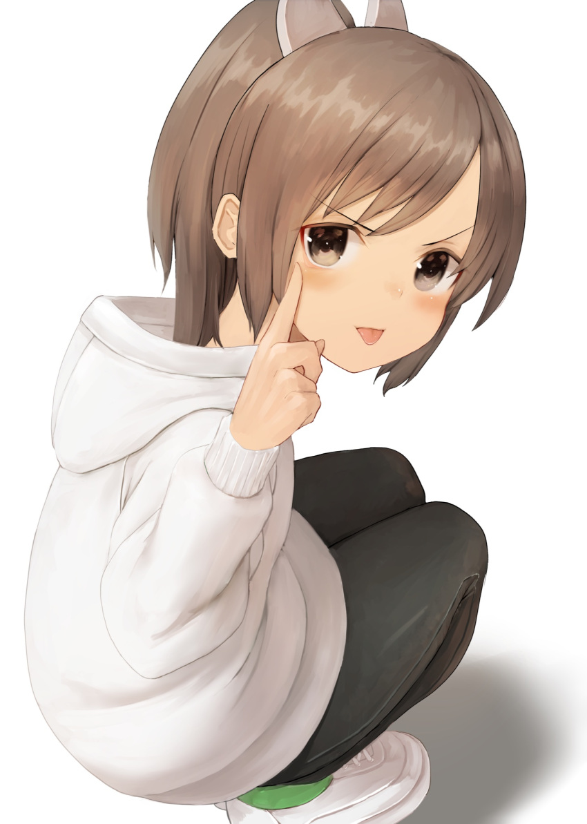 1girl alternate_costume black_pants blush brown_eyes brown_hair eyebrows_visible_through_hair highres honmakaina_kudou hood hoodie i-401_(kancolle) kantai_collection long_sleeves looking_at_viewer pants ponytail shoes short_hair simple_background sneakers solo tongue tongue_out white_background white_footwear white_hoodie