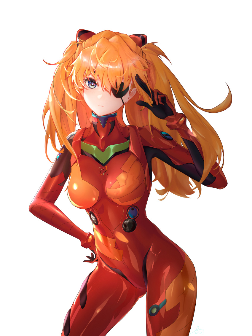 1girl absurdres ass_visible_through_thighs blue_eyes bodysuit breasts contrapposto eyepatch frown hand_on_hip highres interface_headset liu_liaoliao looking_at_viewer medium_breasts neon_genesis_evangelion orange_hair plugsuit rebuild_of_evangelion red_bodysuit salute solo souryuu_asuka_langley thighs two_side_up white_background