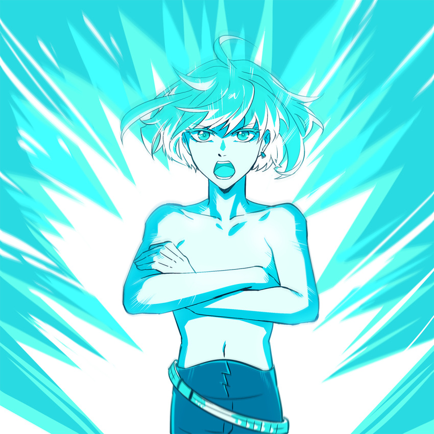 1boy 302 aura blue_theme crossed_arms earrings galo_thymos gloves highres jewelry male_focus monochrome no_gloves promare single_earring solo topless_male