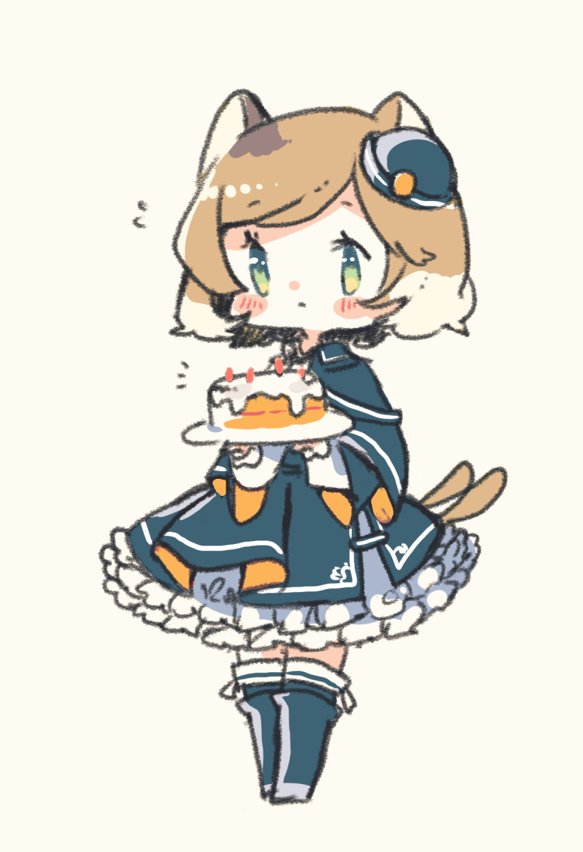 1girl animal_ears arknights bangs blonde_hair blue_footwear blue_headwear blue_skirt blush_stickers boots cake cat_ears cat_tail chibi flying_sweatdrops food full_body green_eyes hat highres holding long_sleeves mini_hat mousse_(arknights) multiple_tails oyasumi_makura shirt simple_background skirt solo swept_bangs tail two_tails white_shirt