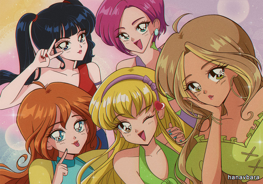 1980s_(style) 5girls animification black_hair blonde_hair bloom_(winx_club) collarbone dark-skinned_female dark_skin derivative_work earrings finger_to_mouth flora_(winx_club) green_eyes hair_behind_ear hairband hanavbara hand_on_another's_shoulder hand_on_own_cheek hand_on_own_face jewelry long_hair multicolored_hair multiple_girls musa_(winx_club) one_eye_closed open_mouth puckered_lips purple_hairband retro_artstyle screencap_redraw stella_(winx_club) streaked_hair tecna_(winx_club) tongue tongue_out twintails v winx_club yellow_eyes