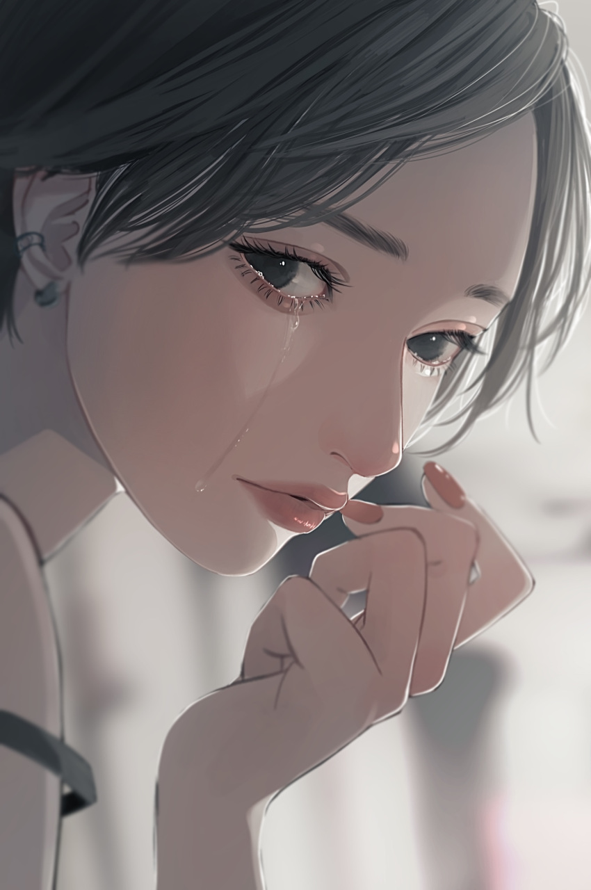 1girl bangs black_eyes black_hair blurry blurry_background close-up crying crying_with_eyes_open ear_piercing earrings face highres jewelry looking_to_the_side nail_polish original parted_bangs piercing pink_nails short_hair solo strap_slip tears tsunko_(9v2_q)