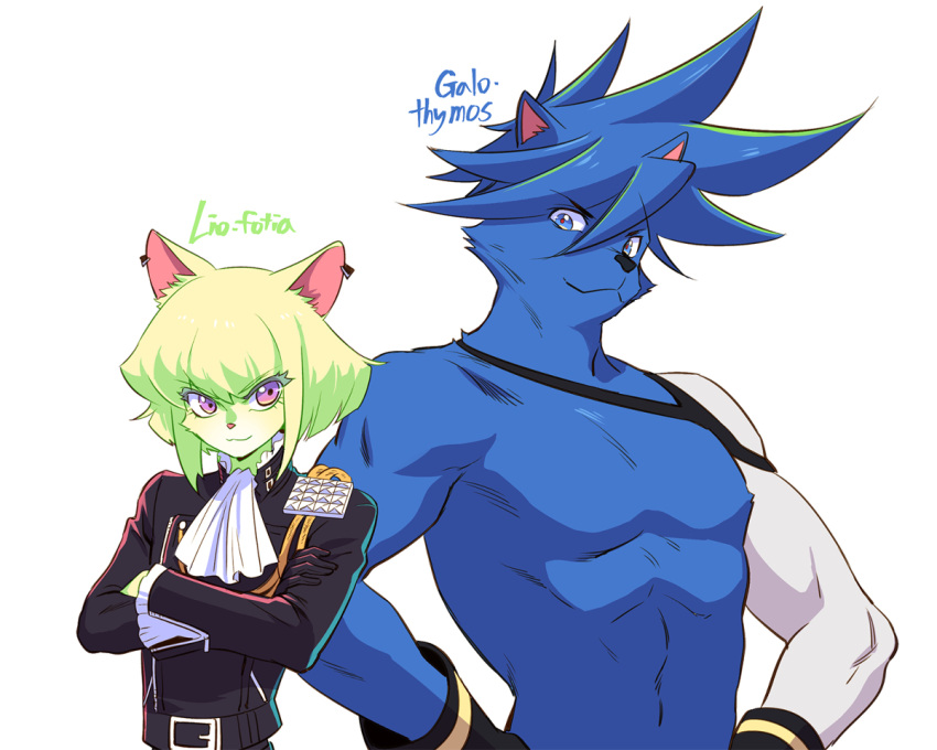 2boys 302 ascot blue_eyes blue_hair brand_new_animal crossed_arms detached_sleeves furry furry_male galo_thymos green_hair jacket leather leather_jacket lio_fotia multiple_boys promare single_detached_sleeve spiky_hair topless_male violet_eyes
