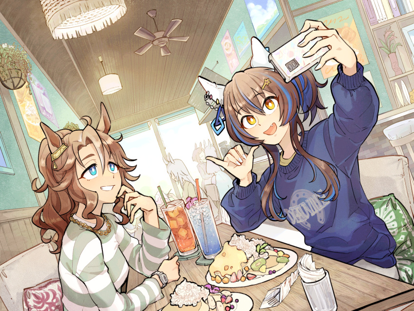 2girls animal_ears bangs blonde_hair blue_eyes blue_hair blue_sweater bright_pupils brown_hair ceiling_fan ceiling_light chair cup daitaku_helios_(umamusume) drinking_straw dutch_angle ear_covers elbows_on_table fang food fork grin hair_ornament hairclip highres holding holding_phone horse_ears horse_girl indoors jewelry knife long_sleeves mejiro_palmer_(umamusume) multicolored_hair multiple_girls napkin necklace open_mouth outstretched_arm people phone pillow plant ponytail poster_(object) potted_plant restaurant selfie shaka_sign shirt sitting smile striped striped_shirt sweater table two-tone_hair umamusume watch watch white_pupils yoshidanoe