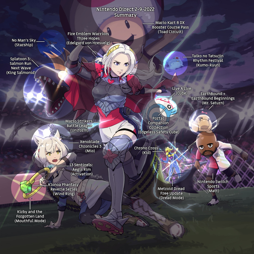 3girls alternate_costume alternate_hairstyle animal_ears armor ass ball bangs black_legwear blonde_hair blush breastplate breasts cape cat_ears chest_jewel collarbone doseisan edelgard_von_hresvelg fire_emblem fire_emblem:_three_houses fire_emblem_warriors:_three_hopes hair_ornament hair_ribbon highres jacket jewelry kaze_no_klonoa kirby_(series) long_hair metroid metroid_dread mii_(nintendo) mio_(xenoblade) mother_(game) multiple_girls no_man's_sky official_alternate_costume open_mouth pantyhose playing_sports red_cape ribbon ring samus_aran short_hair shorts simple_background skirt small_breasts smile soccer soccer_ball soccer_uniform splatoon_(series) splatoon_3 sport sportswear stup-jam super_mario_bros. taiko_no_tatsujin tank_top toad_(mario) violet_eyes white_hair white_jacket white_skirt white_tank_top xenoblade_chronicles_(series) xenoblade_chronicles_3 yellow_eyes zero_suit