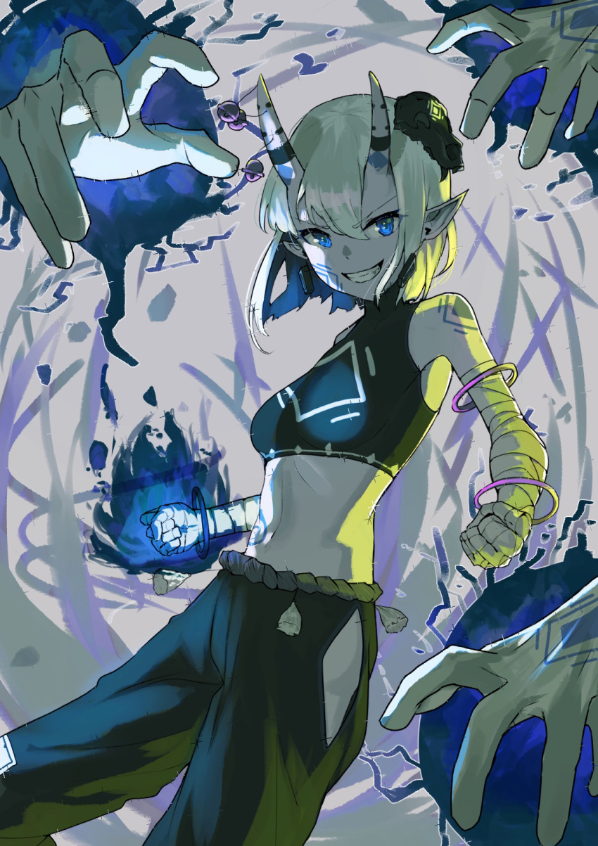 1girl 38_(sanjuuhachi) arm_wrap armlet bare_arms black_pants blue_eyes blue_hair blue_shirt bracelet breasts colored_inner_hair commentary cowboy_shot crop_top disembodied_limb facial_mark grey_background grin highres hip_vent horn_bell horns jewelry linea_alba looking_at_viewer magic midriff multicolored_hair navel oni_horns original pants pointy_ears shirt short_hair silver_hair sleeveless sleeveless_shirt small_breasts smile solo