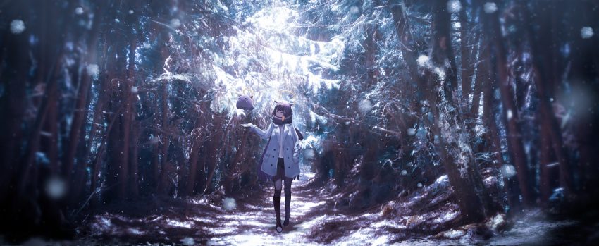 1girl absurdres bangs black_footwear black_legwear blue_eyes blunt_bangs blunt_ends boots coat english_commentary falling_snow gloves halo hand_in_pocket headpiece highres hololive hololive_english jack9614 knee_boots long_hair nature ninomae_ina'nis outdoors purple_hair scenery smile snow solo tako_(ninomae_ina'nis) tree virtual_youtuber white_coat white_gloves winter winter_clothes winter_coat