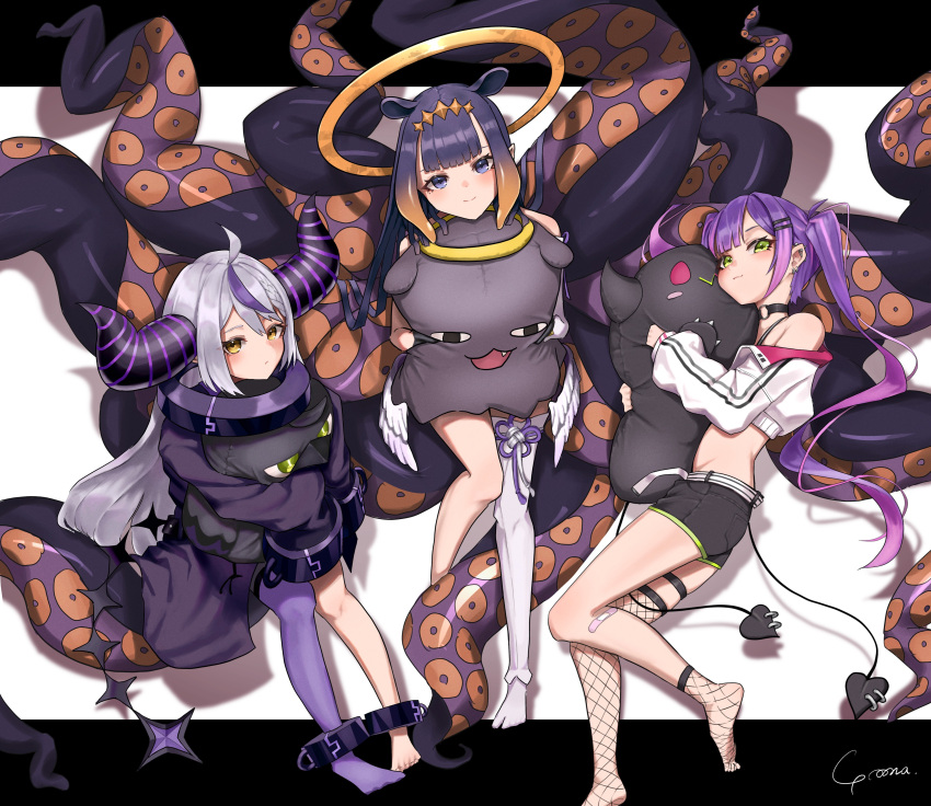 3girls :d absurdres ahoge ascot asymmetrical_legwear bangs bare_shoulders baseball_cap belt bibi_(tokoyami_towa) bird black_choker black_dress black_footwear black_gloves black_horns black_shirt black_shorts blue_eyes blush breasts choker claw_pose collar commentary commentary_request cropped_jacket crow_(la+_darknesss) demon_girl demon_horns demon_tail detached_sleeves doll_hug dress ear_piercing eyebrows_visible_through_hair eyelashes fake_horns fishnet_legwear fishnets flat_chest full_body gloves green_eyes grin hair_between_eyes hair_ornament hairclip halo halter_top halterneck hat heart heart_tattoo highres hololive hololive_english horned_headwear horns jacket la+_darknesss leg_tattoo long_hair long_sleeves looking_at_viewer mascot medium_breasts metal_collar midriff multicolored_hair multicolored_nails multiple_girls multiple_views ninomae_ina'nis o-ring o-ring_choker object_hug open_hands piercing pink_hair platform_footwear pointy_ears purple_hair purple_legwear purple_nails shirt shoes short_shorts shorts silver_hair single_detached_sleeve single_leg_pantyhose single_thighhigh sitting sleeves_past_fingers sleeves_past_wrists smile solo squatting strapless strapless_dress streaked_hair stuffed_animal stuffed_toy tail tail_ornament tail_piercing tako_(ninomae_ina'nis) tattoo teeth tentacle_hair tentacles thigh-highs thighs tokoyami_towa twintails two-tone_hair v-shaped_eyebrows very_long_hair virtual_youtuber white_belt white_jacket yellow_ascot yellow_eyes yo_na