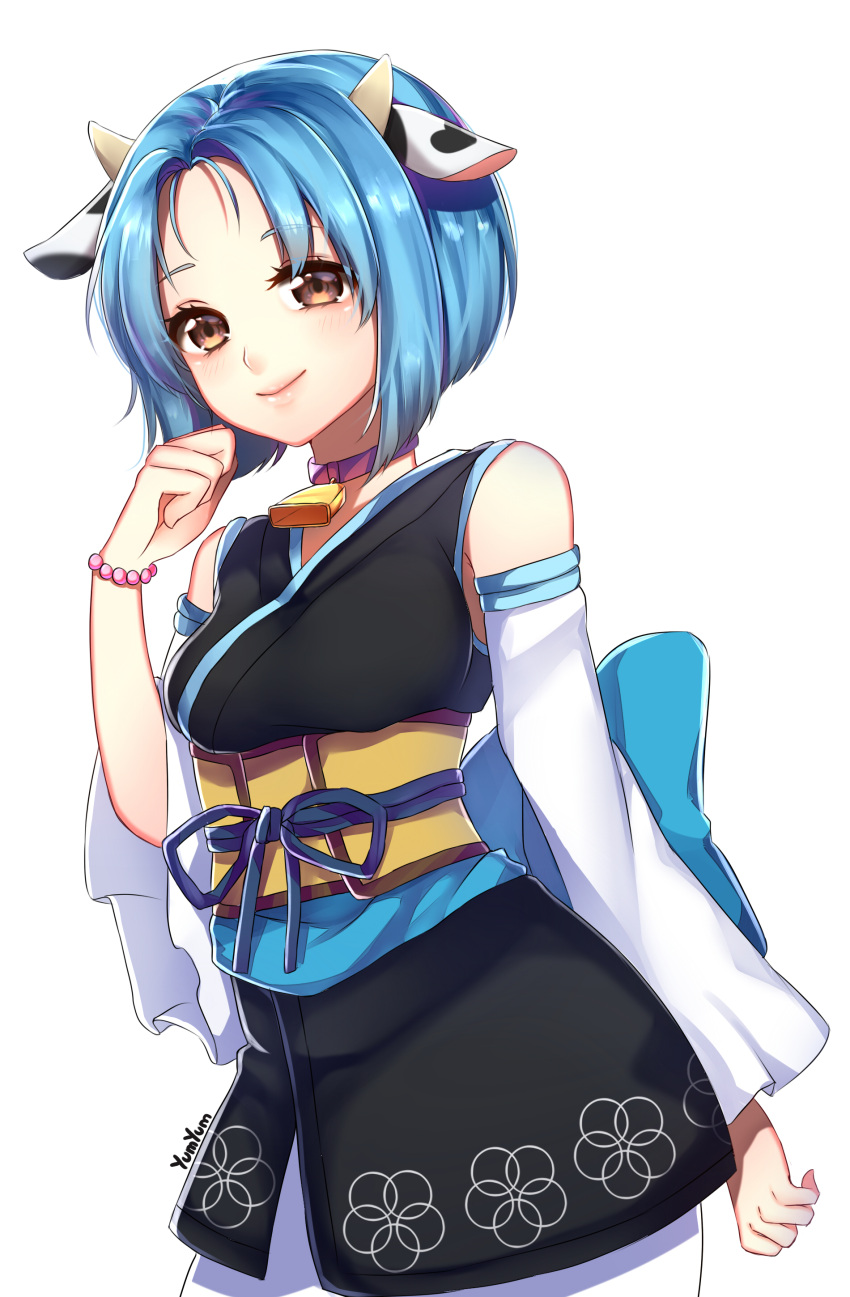 1girl absurdres animal_ears artist_name bell blue_hair bracelet breasts brown_eyes closed_mouth commission cow_ears cow_girl cow_horns eyebrows_visible_through_hair highres horns jewelry lips looking_at_viewer medium_breasts neck_bell original short_hair smile solo yumyum