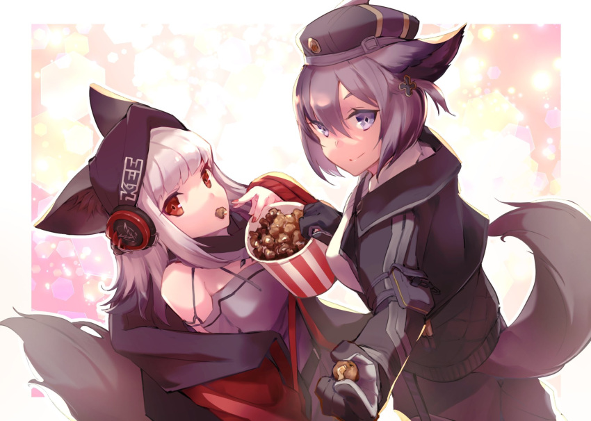 2girls animal_ears arknights arm_at_side bangs beret black_jacket border breasts bucket commentary_request cross_hair_ornament dur-nar_(arknights) dutch_angle e-bushi ears_through_headwear eating food fox_ears fox_girl fox_tail from_side frostleaf_(arknights) hair_between_eyes hair_ornament hairpin hand_up hat head_tilt headphones headphones_over_headwear height_difference hexagon highres jacket light_particles long_hair long_sleeves looking_at_viewer multiple_girls off-shoulder_shirt off_shoulder oripathy_lesion_(arknights) outstretched_hand oversized_clothes pocket popcorn purple_hair red_eyes red_jacket red_nails scarf shaded_face shirt short_hair sidelocks smile tail violet_eyes white_background white_hair white_shirt woollen_cap