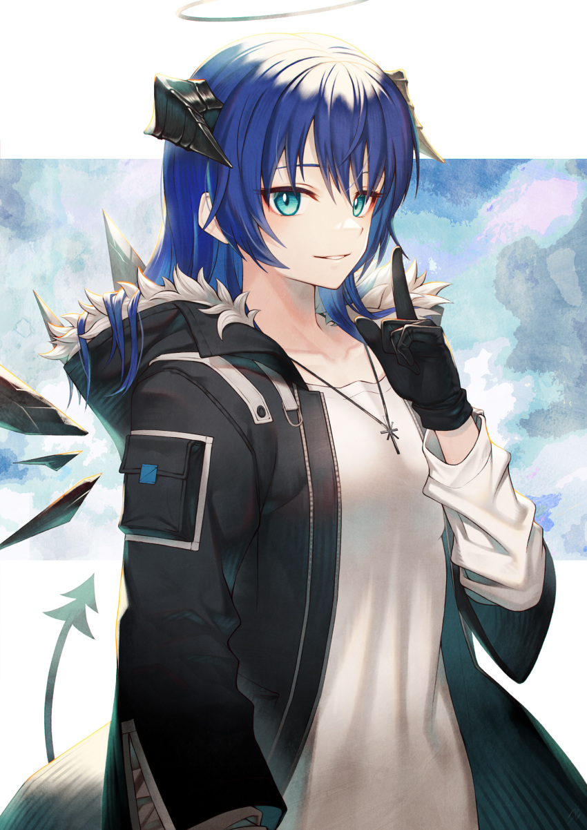 1girl aqua_eyes arknights bangs black_coat black_gloves blue_hair blue_sky blush coat collarbone cowboy_shot detached_wings eyebrows_visible_through_hair gloves halo highres hood hood_down hooded_coat horns index_finger_raised jewelry long_hair long_sleeves looking_at_viewer mostima_(arknights) necklace open_clothes open_coat outside_border parted_lips shirt sho_(sumika) sky smile solo tail white_shirt wings