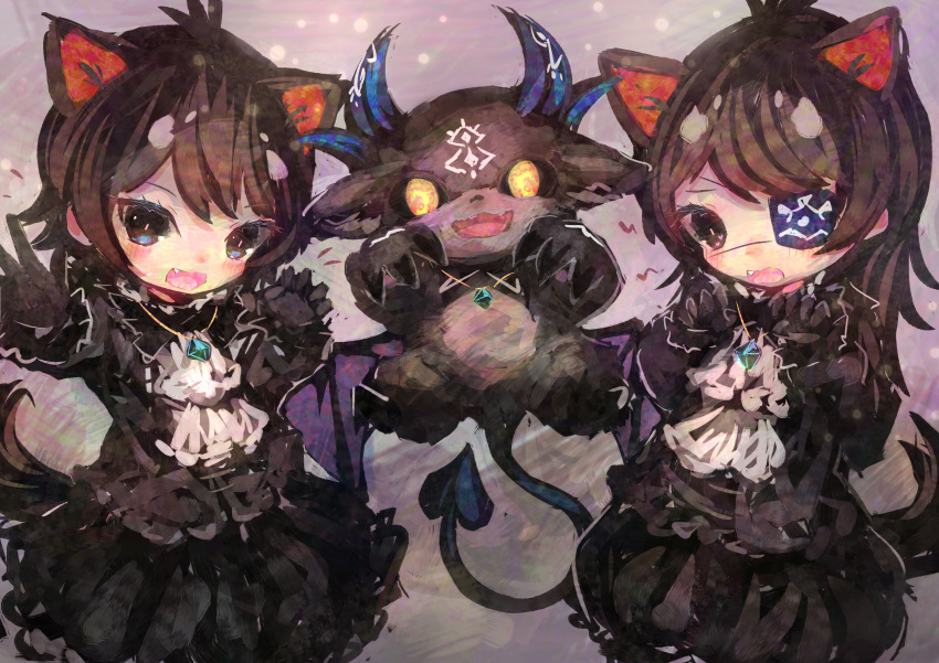 2girls :d absurdres alternate_costume animal_ears arm_up ascot australian_devil_(kemono_friends) bangs black_eyes black_sclera blouse blush brown_hair chibi claw_pose colored_inner_hair colored_sclera crossover debidebi_debiru demon demon_horns demon_tail demon_wings extra_ears eyepatch fang floating gloves grey_hair hand_up hands_up height_difference highres horns jewelry kemono_friends kemono_friends_3 long_hair looking_at_viewer maki_gamin multicolored_hair multiple_girls nijisanji no_pupils one_eye_covered open_mouth outstretched_arm parted_bangs pendant short_hair sidelocks skirt smile tail tasmanian_devil_(kemono_friends) tasmanian_devil_ears tasmanian_devil_tail two-tone_hair virtual_youtuber wings yellow_eyes