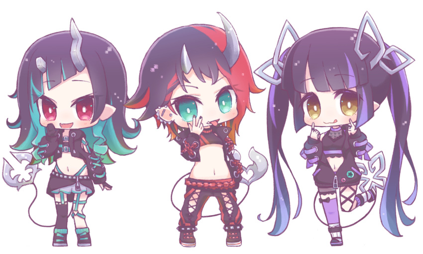 3girls asymmetrical_gloves badge bangs belt beltbra black_footwear black_gloves black_hair black_jacket black_legwear black_nails black_pants black_ribbon black_shirt black_skirt blue_belt blue_eyes blue_hair blue_legwear blue_panties blunt_bangs blush boots breasts bright_pupils button_badge chain chest_belt chibi clothing_cutout commentary_request crop_top cropped_jacket cross-laced_pants cross-laced_sleeves demon_girl demon_horns demon_tail ear_chain ear_piercing fang flat_chest full_body garter_straps gloves grey_skirt heart heart_print highleg highleg_panties horns jacket jewelry kojo_anna layered_skirt leg_ribbon long_hair long_sleeves looking_at_viewer medium_breasts medium_hair midriff multicolored_footwear multicolored_hair multiple_girls nail_polish navel off_shoulder open_clothes open_jacket open_mouth panties pants partially_fingerless_gloves piercing pointy_ears print_shirt purple_footwear purple_hair purple_legwear red_eyes red_pants redhead ribbon ring ryugasaki_rene see-through_shirt shirt shishio_chris shoes shoulder_cutout simple_background single_thighhigh skin_fang skirt sleeveless sleeveless_shirt smile sneakers socks standing sugar_lyric tail thigh-highs thigh_strap tongue tongue_out twintails two-tone_hair two-tone_pants under_boob underwear virtual_youtuber vita_mineral white_background white_footwear white_pupils yellow_eyes zipper zipper_skirt