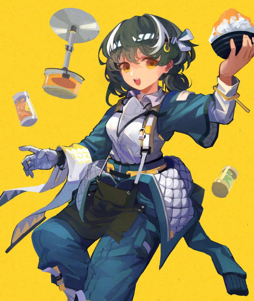 1girl :d absurdres alternate_costume alternate_hairstyle apron arknights bangs belt bird bird_mask black_apron black_hair blue_jacket bowl clothes_around_waist coat collared_shirt drink food gloves hachimaki hand_up headband highres holding holding_bowl jacket kawuyuckie keychain looking_at_viewer magallan_(arknights) magallan_(shaved-ice_memories)_(arknights) mask mask_around_neck multicolored_hair nejiri_hachimaki official_alternate_costume open_mouth penguin rice_bowl shirt short_hair single_glove smile solo towel two-tone_hair white_gloves white_shirt yellow_background yellow_eyes