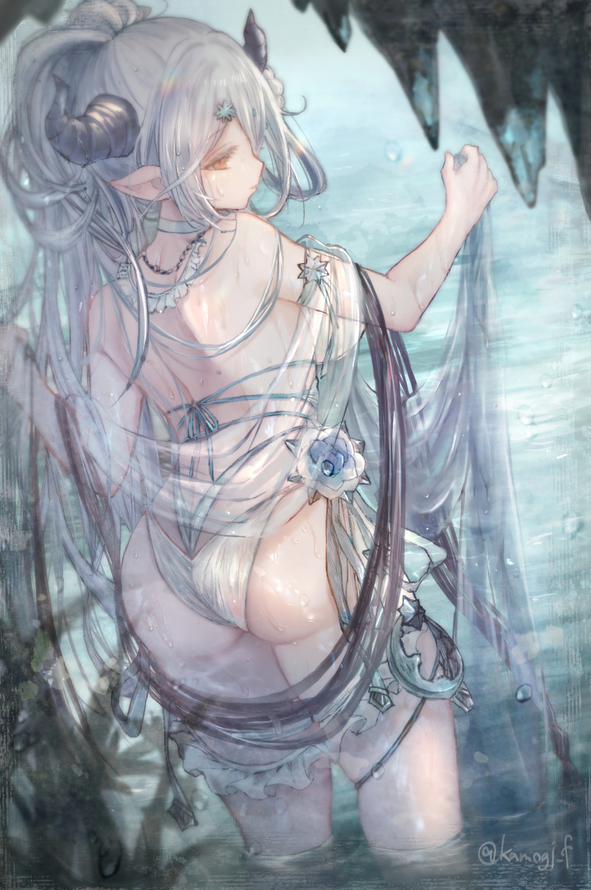 1girl ass bangs bikini choker closed_mouth commentary_request cowboy_shot day draph granblue_fantasy grey_hair half_updo hand_up highres horns izmir kamogi lens_flare long_hair looking_at_viewer looking_back orange_eyes parted_bangs pointy_ears see-through solo standing swimsuit tied_hair twitter_username water wet wet_clothes white_bikini white_choker