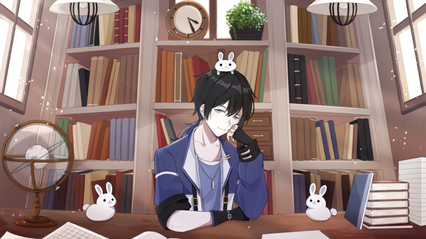 1boy animal_on_head black_hair blue_eyes blue_hair book colored_tips dano_(vtuber) head_rest highres library looking_at_viewer multicolored_hair on_head pale_skin rabbit scblue second-party_source tokki_live virtual_youtuber