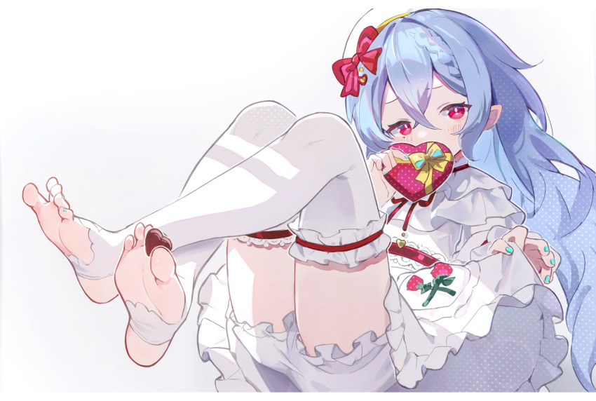 1girl aqua_nails bangs belt between_toes bloomers blue_hair blush bow box braid candy chocolate covered_mouth crossed_ankles crossed_bangs dress food food_print foot_hold frills garter_straps gift hair_bow hair_ornament heart heart-shaped_box heart-shaped_chocolate heart_hair_ornament holding holding_gift knees_up letterboxed long_hair looking_at_viewer luelue_zi nail_polish no_shoes original pointy_ears polka_dot reclining red_bow red_eyes ribbon simple_background single_braid skirt_hold soles solo stirrup_legwear strawberry_print toeless_legwear toenail_polish toenails underwear white_background white_dress white_legwear yellow_ribbon