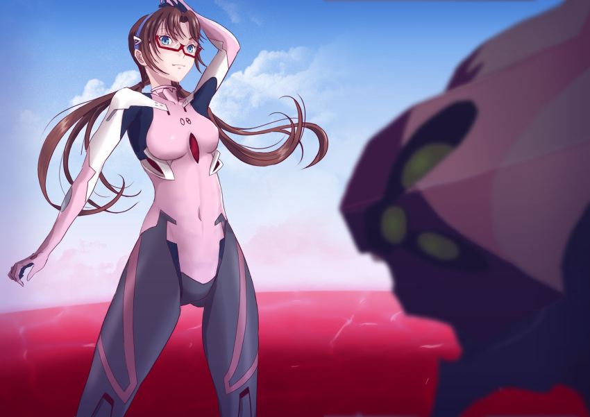 1girl arm_over_head ass_visible_through_thighs black_bodysuit blue_eyes bodysuit breasts brown_hair covered_navel eva-8 headband highres interface_headset light_smile long_hair looking_at_viewer makinami_mari_illustrious medium_breasts multicolored_bodysuit multicolored_clothes nana_(nanaart) neon_genesis_evangelion pink_bodysuit plugsuit solo thighs twintails
