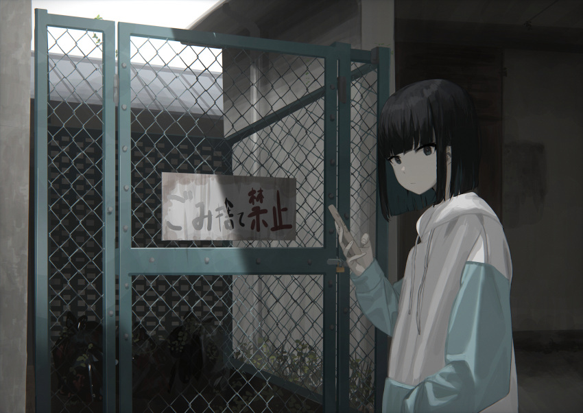 1girl 38_(sanjuuhachi) absurdres black_eyes black_hair blue_hoodie bob_cut building cellphone chain-link_fence closed_mouth commentary day drawstring fence highres holding holding_phone hood hoodie long_sleeves looking_at_viewer original outdoors phone short_hair sign smartphone solo translation_request upper_body white_hoodie