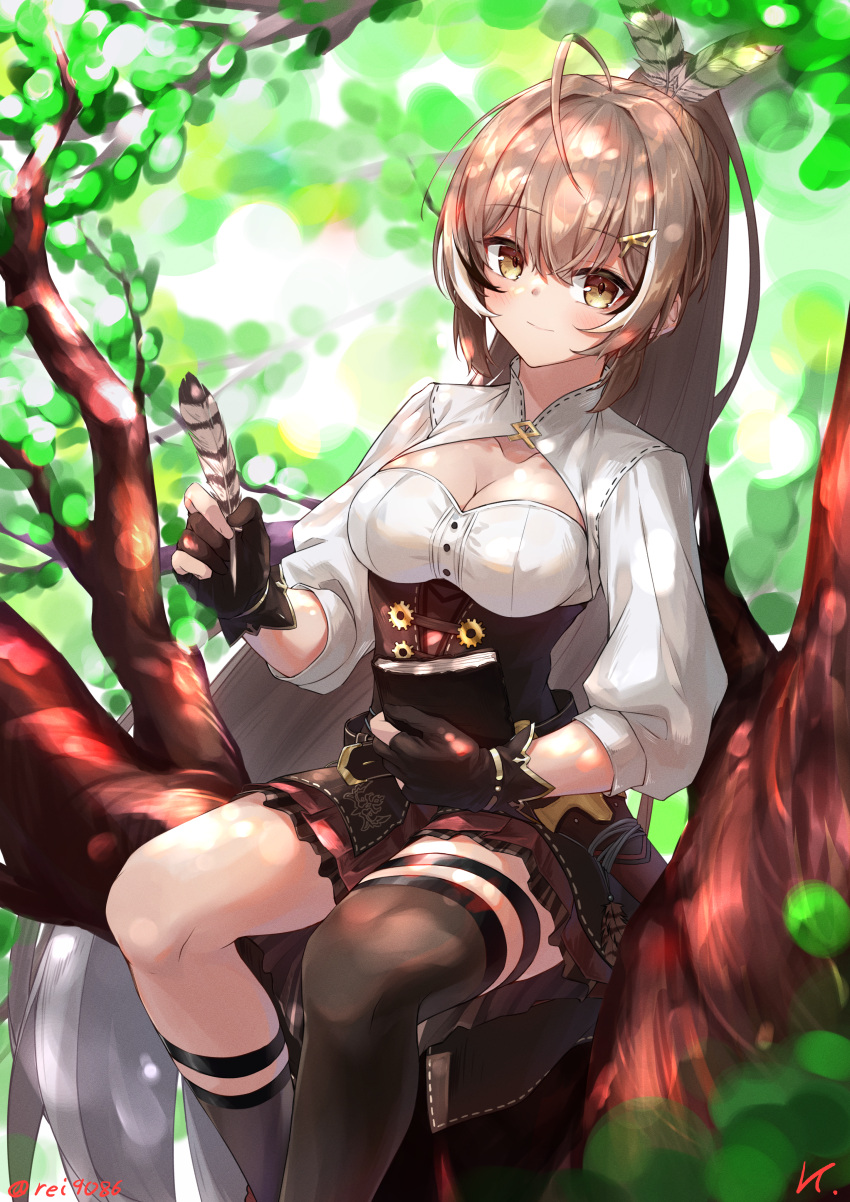 1girl absurdres ahoge bangs belt branch brown_corset brown_eyes brown_hair cleavage_cutout clothing_cutout corset dappled_sunlight embroidery feather_hair_ornament feathers gears gloves hair_ornament highres hololive hololive_english in_tree knee_strap kneehighs leaf long_hair looking_at_viewer nanashi_mumei notebook partially_fingerless_gloves ponytail quill red_skirt rei_(9086) shirt single_kneehigh single_thighhigh sitting sitting_in_tree skirt smile solo sunlight thigh-highs thigh_strap tree tree_shade virtual_youtuber white_shirt