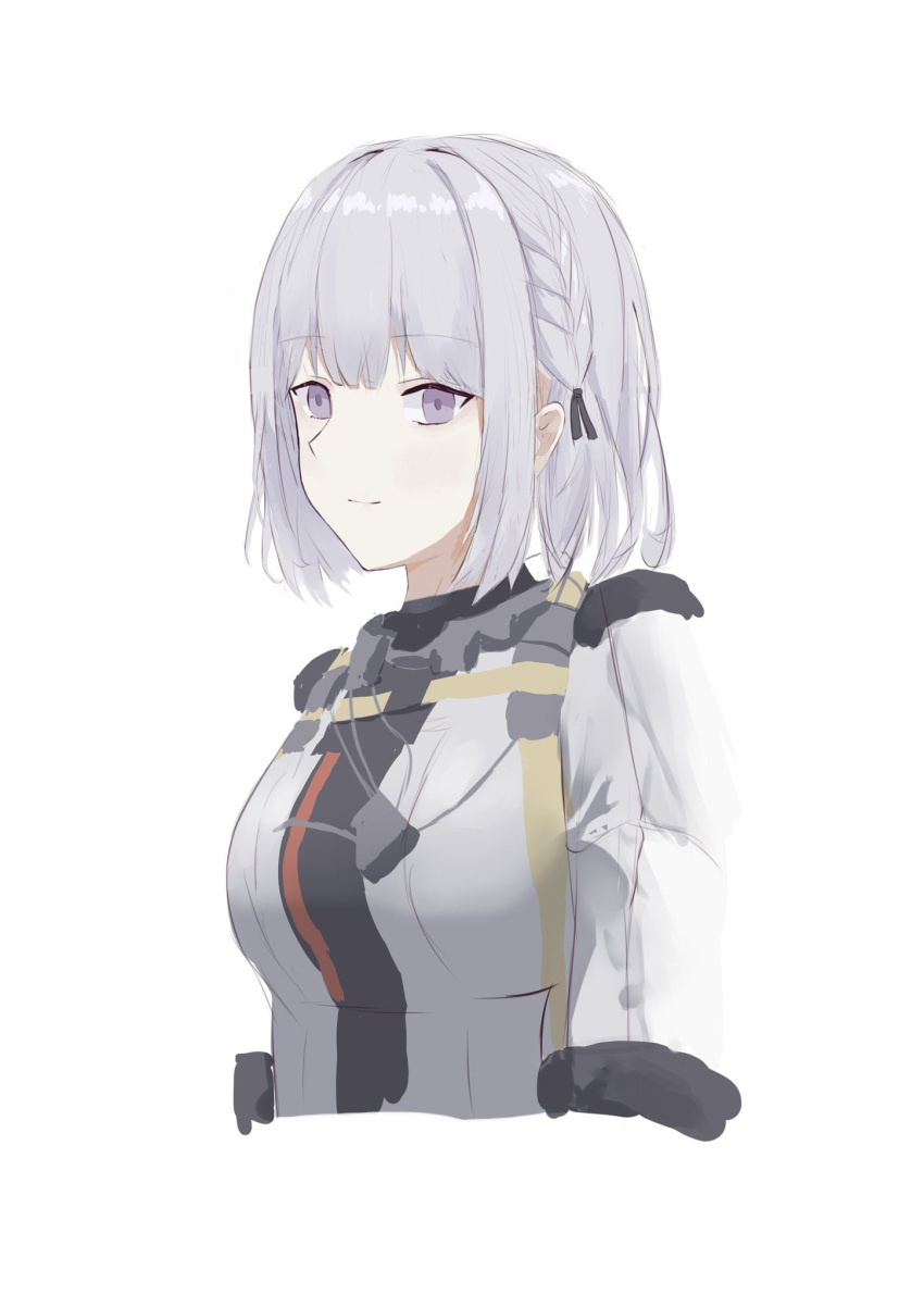 1girl bangs braid breasts closed_mouth cropped_torso eyebrows_visible_through_hair girls_frontline highres looking_at_viewer medium_breasts medium_hair rpk-16_(girls'_frontline) silver_hair single_braid smile solo tactical_clothes upper_body violet_eyes wh1te white_background