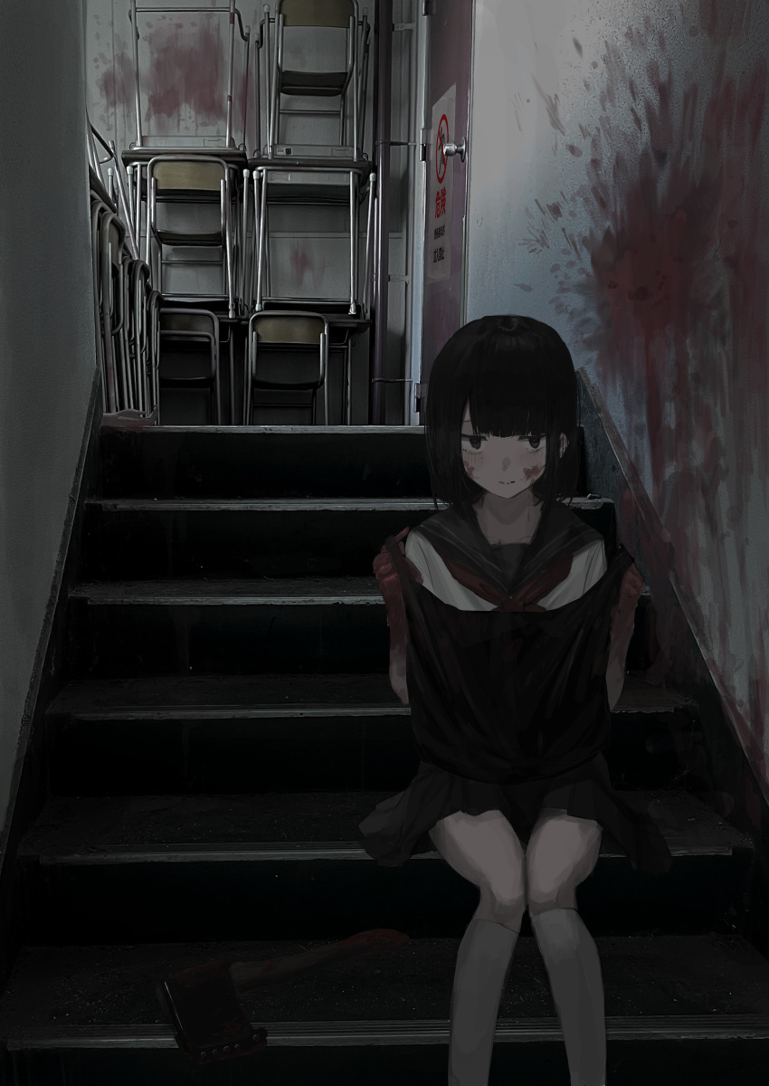 1girl 38_(sanjuuhachi) absurdres bag black_hair black_sailor_collar black_skirt blood blood_on_face blood_on_hands blood_on_wall closed_mouth commentary desk feet_out_of_frame highres holding holding_bag indoors kneehighs looking_at_viewer neckerchief on_stairs original red_neckerchief sailor_collar school_desk school_uniform serafuku shirt short_hair sitting skirt smile solo stairs white_legwear white_shirt