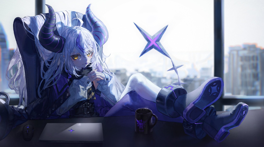 1girl ahoge bangs black_footwear boots braid candy cityscape collar commentary computer crossed_legs cup demon_horns feet_on_table food food_in_mouth hair_between_eyes highres hololive horns jacket jacket_on_shoulders la+_darknesss laptop lollipop long_hair long_sleeves looking_at_viewer metal_collar mouse_(computer) mouth_hold multicolored_hair own_hands_clasped own_hands_together puffy_long_sleeves puffy_sleeves purple_hair purple_legwear quasarcake silver_hair single_leg_pantyhose sitting solo streaked_hair symbol-only_commentary tail tail_raised virtual_youtuber yellow_eyes