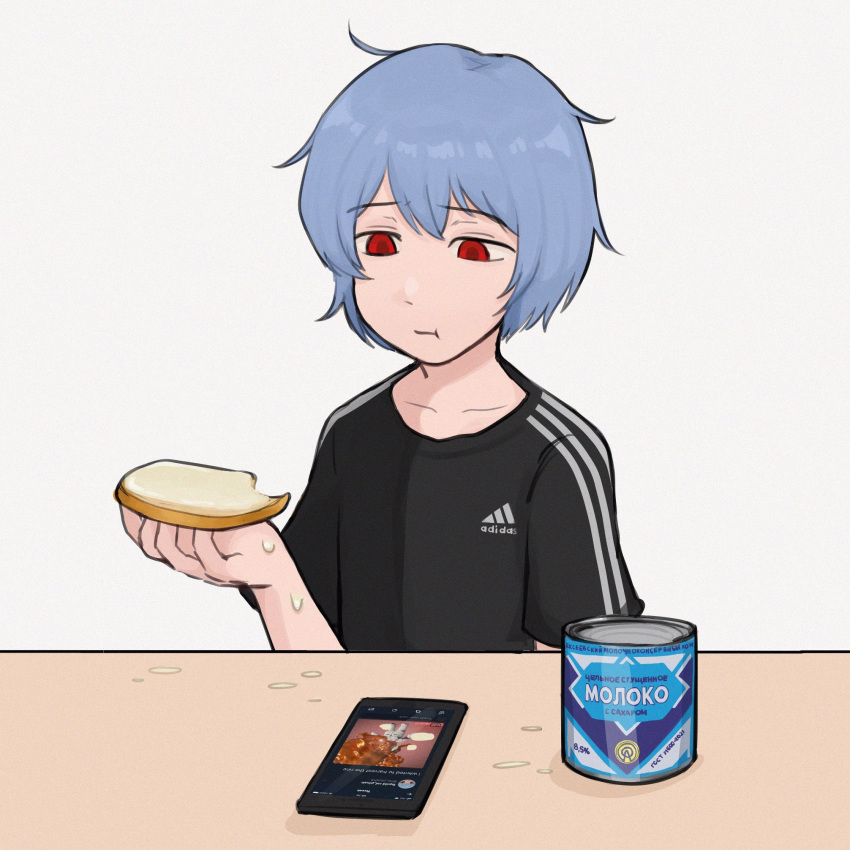 :t adidas ayanami_rei black_shirt blue_hair bread bread_slice can canned_food cellphone collarbone commentary condensed_milk eating empty_eyes english_commentary food half-closed_eyes highres holding holding_food looking_down messy neon_genesis_evangelion nvi2762 phone reading red_eyes sad shirt short_hair short_sleeves simple_background smartphone table white_background