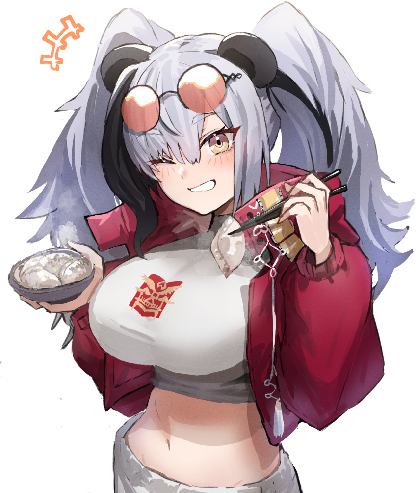 1girl animal_ears arknights bowl breasts chopsticks crop_top cropped_jacket eyewear_on_head feater_(arknights) feater_(gourmet)_(arknights) grey_hair grin highres large_breasts midriff one_eye_closed panda_ears raw_egg_lent smile sunglasses twintails white_background