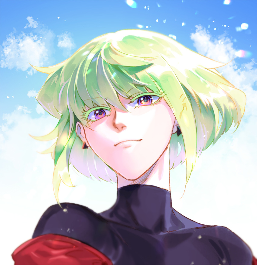 1boy 302 black_shirt colored_eyelashes earrings green_hair highres jewelry lio_fotia male_focus promare shirt sky smile solo t-shirt turtleneck violet_eyes