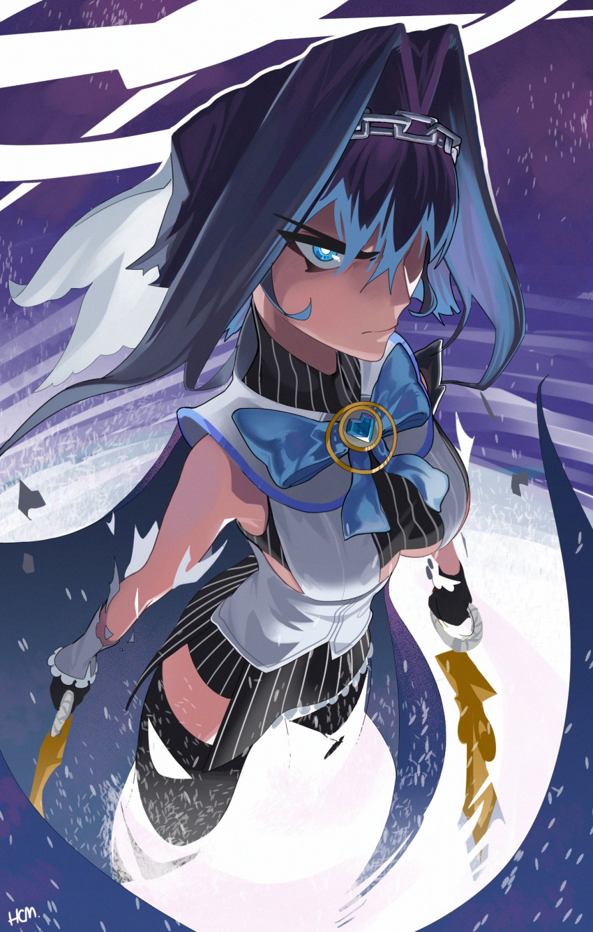 1girl black_gloves black_skirt blue_bow blue_eyes blue_hair bow breasts chain dual_wielding from_above gloves hair_intakes hairband hechium highres holding holding_sword holding_weapon hololive hololive_english large_breasts looking_at_viewer ouro_kronii short_hair skirt solo sword v-shaped_eyebrows weapon