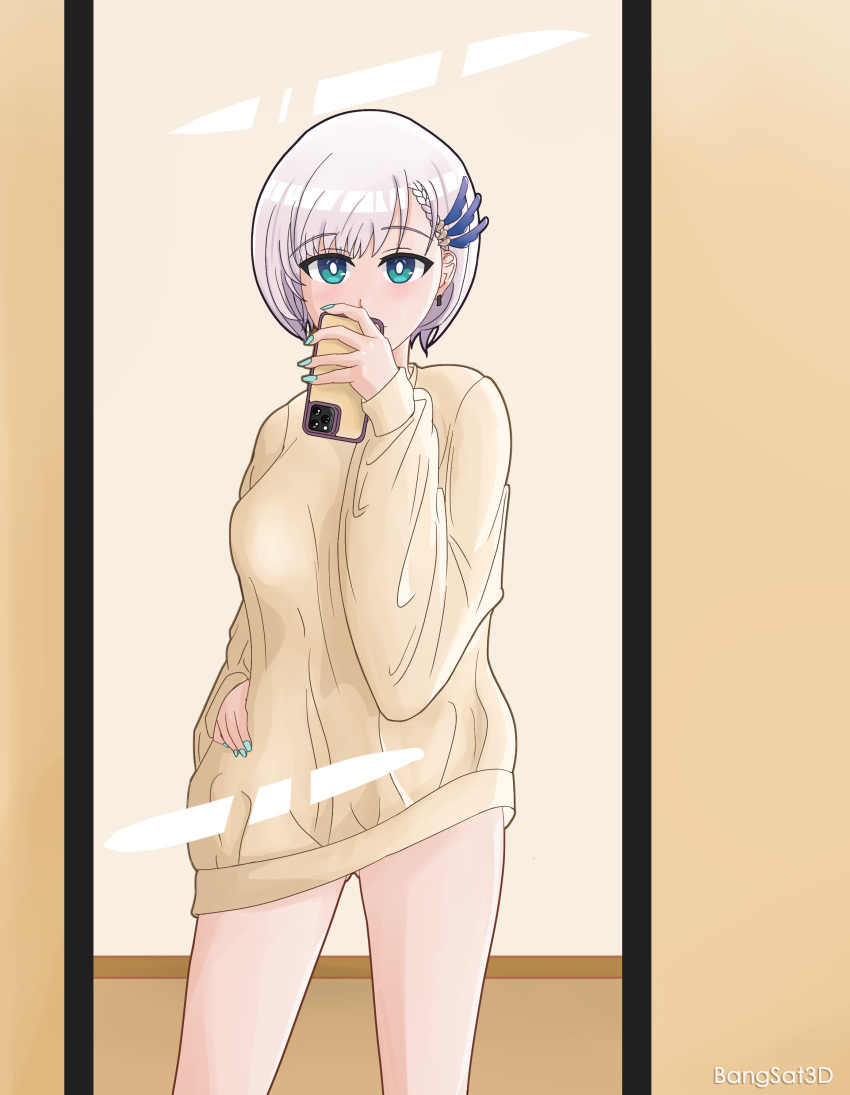 1girl absurdres ass_visible_through_thighs bangsat3d breasts green_eyes highres hololive hololive_indonesia nail_polish no_panties oversized_clothes pavolia_reine purple_hair selfie short_hair standing thigh_gap thighs