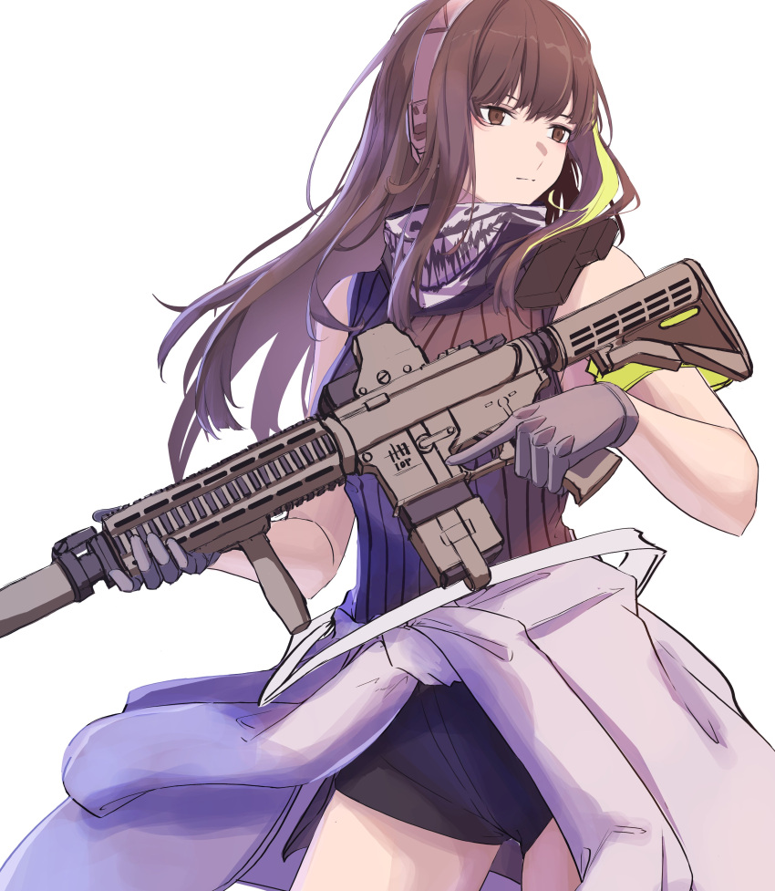 1girl 3_small_spiders absurdres assault_rifle bangs black_scarf black_shorts brown_eyes brown_hair brown_sweater_vest closed_mouth clothes_around_waist eyebrows_visible_through_hair feet_out_of_frame girls_frontline gloves grey_gloves gun headphones headset highres holding holding_gun holding_weapon jacket jacket_around_waist long_hair looking_away m4_carbine m4a1_(girls'_frontline) multicolored_hair rifle scarf shorts solo standing sweater_vest walkie-talkie weapon white_background