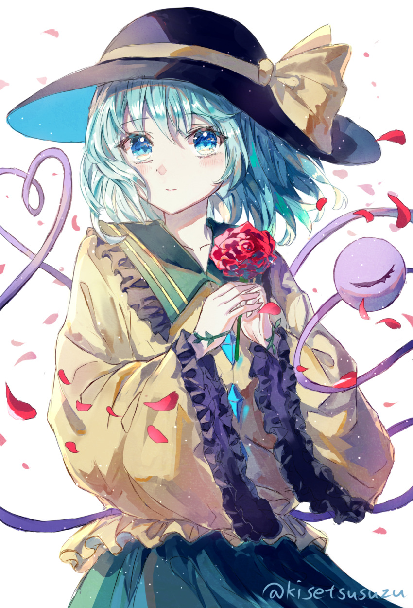 1girl black_headwear blouse blue_eyes blush buttons closed_mouth commentary cowboy_shot diamond_button eyebrows_visible_through_hair falling_petals flower frilled_shirt_collar frilled_sleeves frills green_hair green_skirt hair_between_eyes hat hat_ribbon heart heart_of_string highres holding holding_flower komeiji_koishi light_smile long_sleeves looking_at_viewer medium_hair petals red_flower red_rose ribbon rose rose_petals simple_background skirt suzushina third_eye touhou twitter_username white_background wide_sleeves yellow_blouse yellow_ribbon
