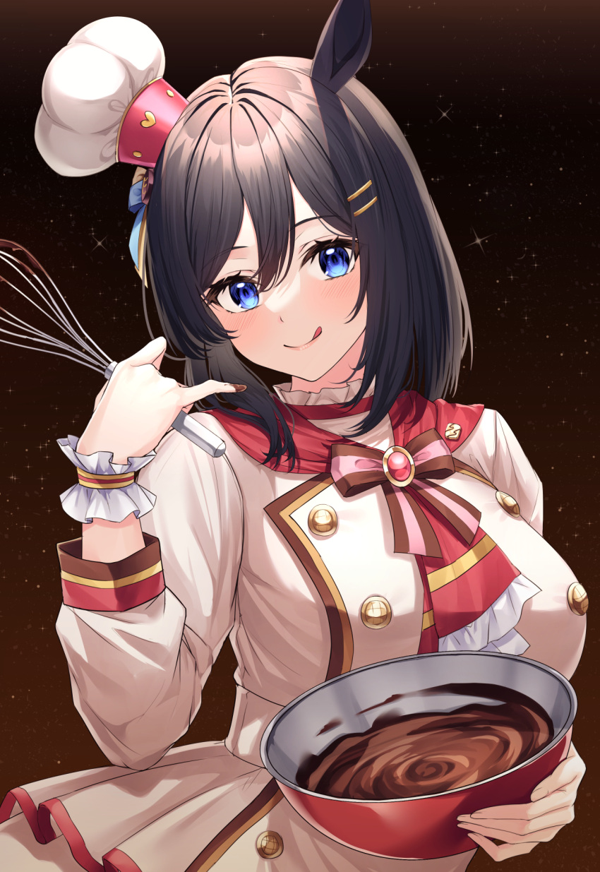 1girl ;q animal_ears black_hair blue_eyes blush bob_cut bow bowtie breasts brown_bow brown_bowtie buttons chef_hat closed_mouth cooking double-breasted eishin_flash_(umamusume) hair_between_eyes hair_ornament hairclip hat highres horse_ears horse_girl large_breasts long_sleeves looking_at_viewer medium_hair official_alternate_costume one_eye_closed pink_bow pink_bowtie primamiya scrunchie solo tilted_headwear tongue tongue_out two-tone_bowtie umamusume wrist_scrunchie