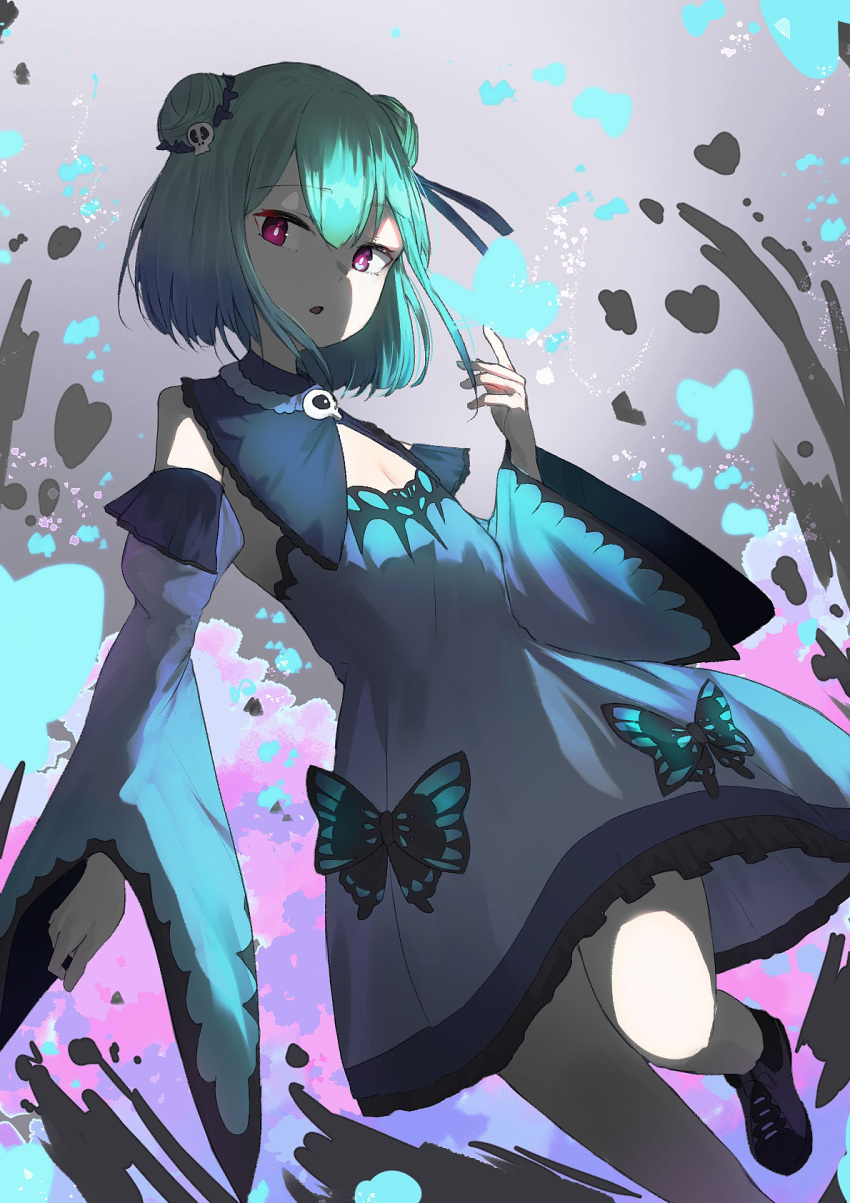 1girl 38_(sanjuuhachi) bare_shoulders black_footwear blue_butterfly blue_dress blue_sleeves bug butterfly commentary detached_sleeves double_bun dress eyebrows_visible_through_hair flat_chest green_hair hair_ornament hand_up highres hololive long_sleeves looking_at_viewer open_mouth short_hair skull_hair_ornament sleeveless sleeveless_dress solo uruha_rushia violet_eyes virtual_youtuber