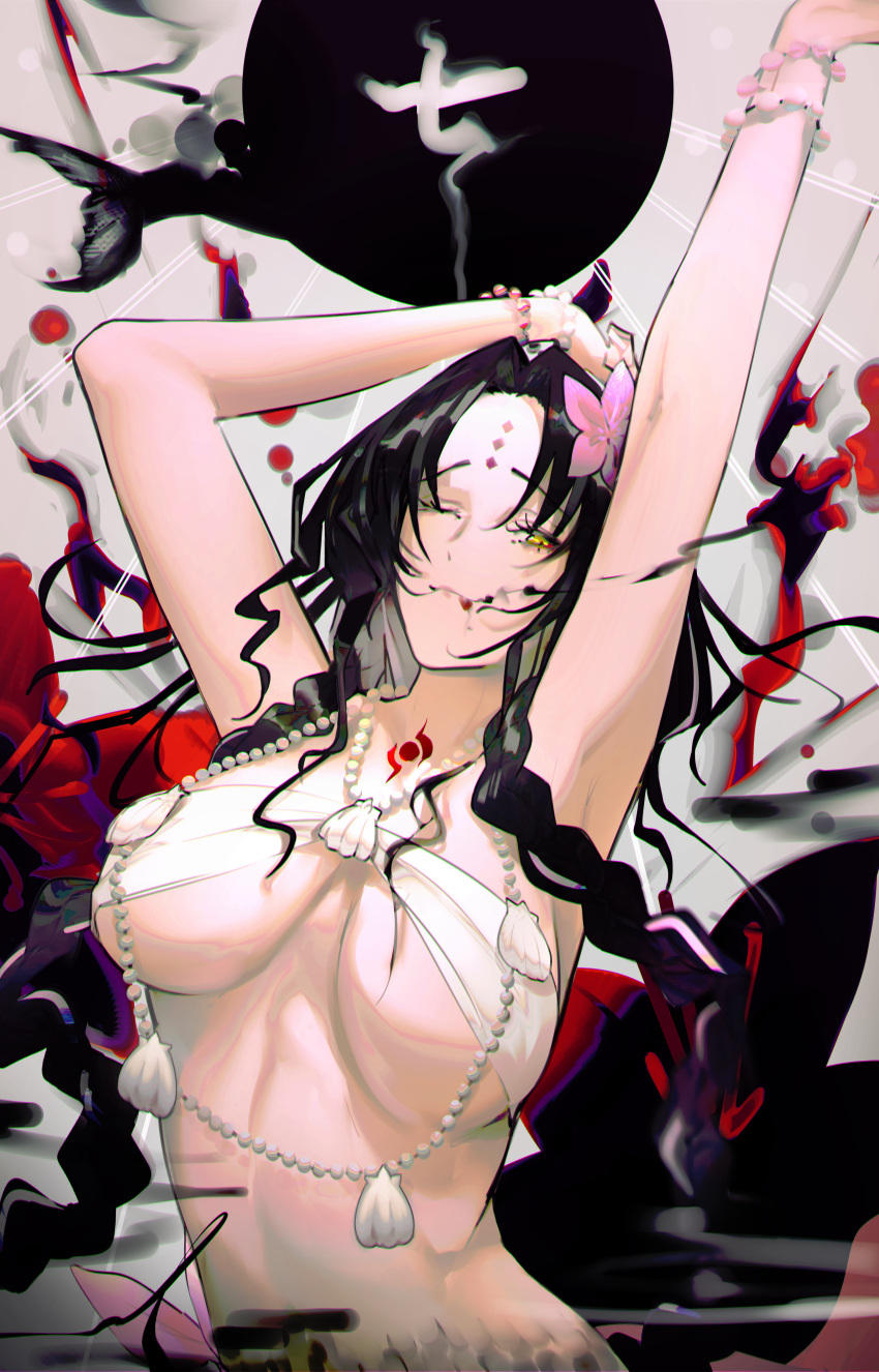 1girl absurdres amirun arms_up bangs bead_bracelet bead_necklace beads bikini black_hair blood blood_on_face blood_splatter bracelet braid breasts chest_tattoo closed_mouth commentary facial_mark fate/grand_order fate_(series) fish_tail flower forehead_mark forehead_tattoo hair_flower hair_ornament highres jewelry large_breasts long_hair looking_at_viewer necklace one_eye_closed parted_bangs pearl_bracelet pearl_necklace pink_flower seashell sesshouin_kiara sesshouin_kiara_(swimsuit_mooncancer)_(fate) shell shell_necklace sidelocks solo swimsuit tail tattoo translation_request twin_braids upper_body very_long_hair white_bikini yellow_eyes