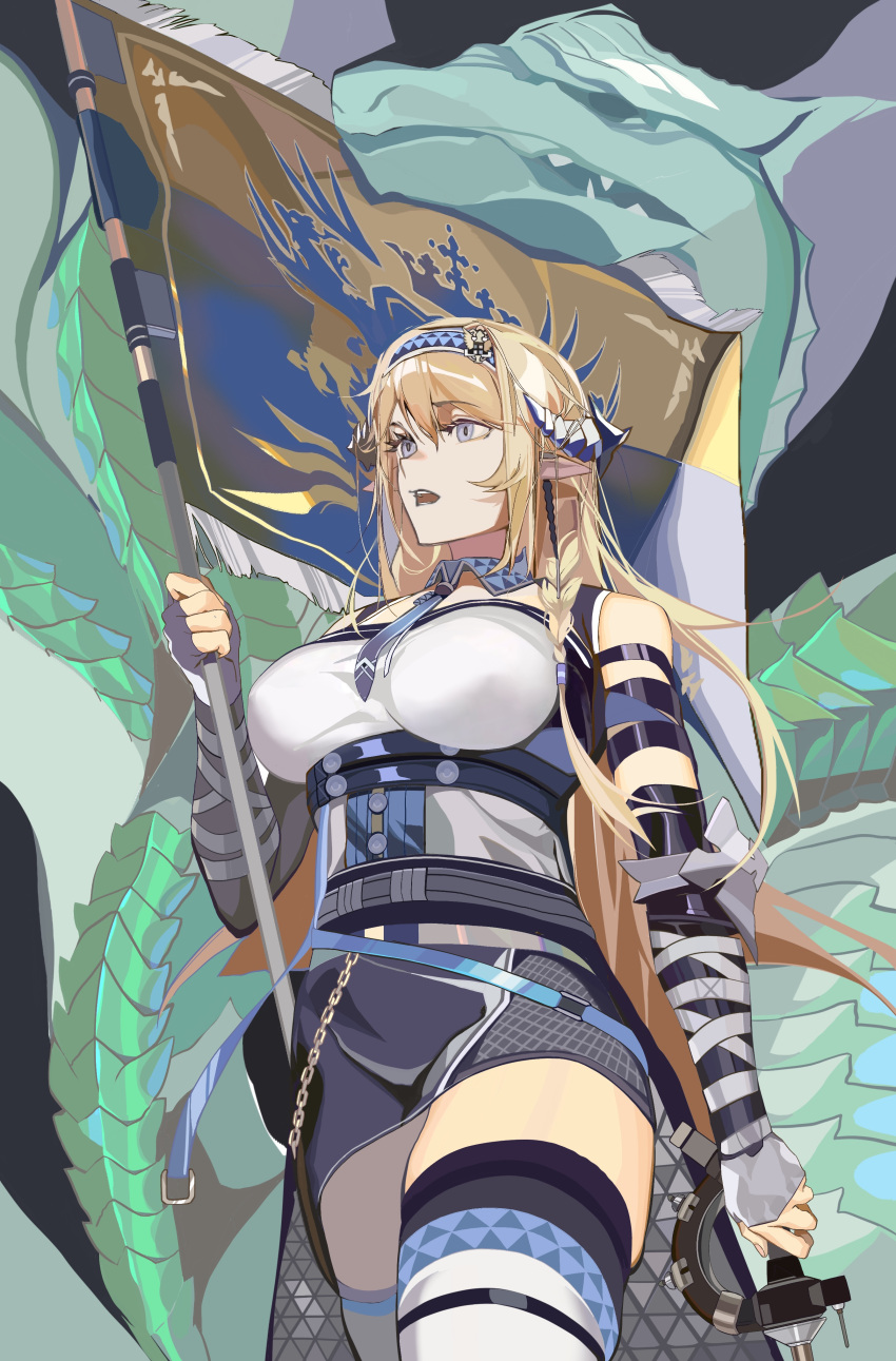 1girl absurdres arknights bangs bare_shoulders belt black_skirt blonde_hair blue_eyes blue_hairband blue_necktie breasts chain commentary cowboy_shot elbow_gloves eyebrows_visible_through_hair fingerless_gloves flag gloves hairband highres holding holding_flag horns ken_(1057168252) large_breasts long_hair necktie open_mouth pencil_skirt pointy_ears saileach_(arknights) shirt skirt solo standing thigh-highs thighs very_long_hair white_shirt
