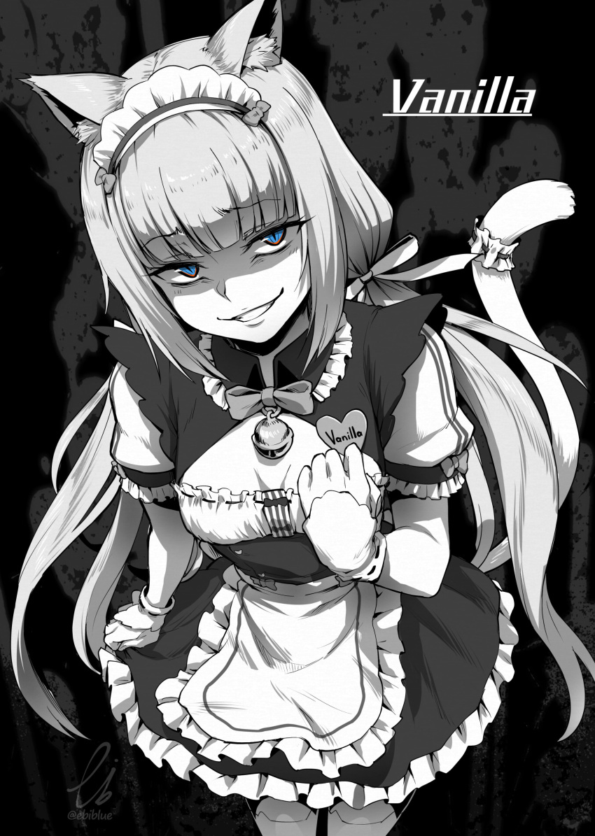 1girl absurdres animal_ears apron bangs bell blue_eyes bow breasts cat_ears cat_tail character_name commentary_request ebiblue eyebrows_visible_through_hair gesugao greyscale grin highres jingle_bell long_hair looking_at_viewer monochrome name_tag nekopara puffy_short_sleeves puffy_sleeves ribbon shaded_face short_sleeves slit_pupils small_breasts smile solo spot_color tail thigh-highs twintails vanilla_(nekopara) very_long_hair waist_apron waitress