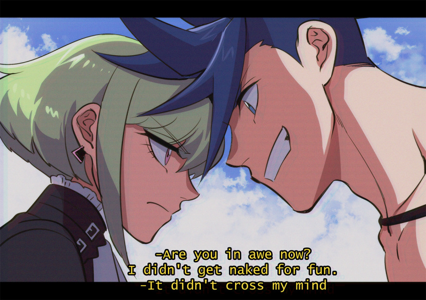 2boys 302 anime_coloring blue_eyes blue_hair fake_screenshot galo_thymos green_hair letterboxed lio_fotia male_focus multiple_boys promare spiky_hair subtitled vhs_artifacts violet_eyes
