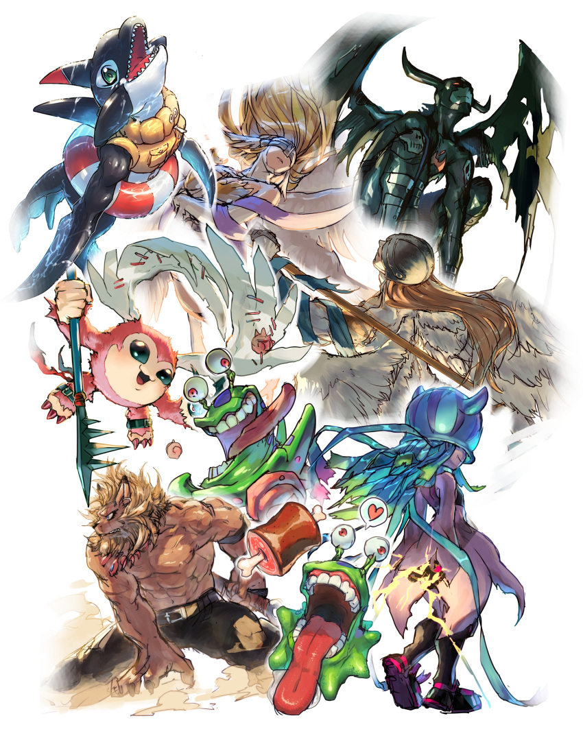 2girls 3boys absurdres angel angemon angewomon animal_ears bare_shoulders belt black_belt black_pants black_wings character_request commentary_request devimon digimon digimon_(creature) fish heart helmet highres holding holding_polearm holding_weapon horns leomon lifebuoy lion_boy lion_ears multiple_boys multiple_girls numemon open_mouth orca pants picklemon polearm red_eyes spear spoken_heart teeth teslajellymon tokonatu tongue tongue_out topless_male torn_clothes torn_pants torn_wings weapon wings